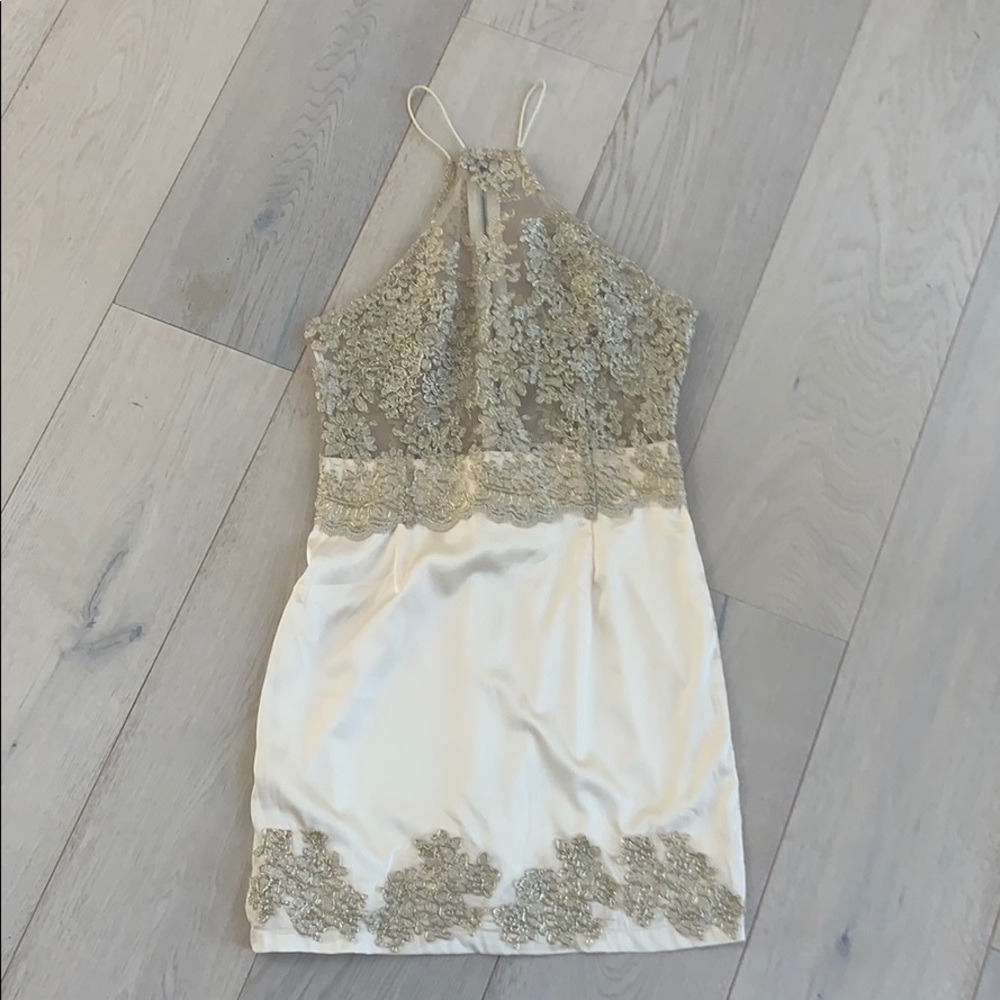 seek cocktail dress w/ mesh lace top